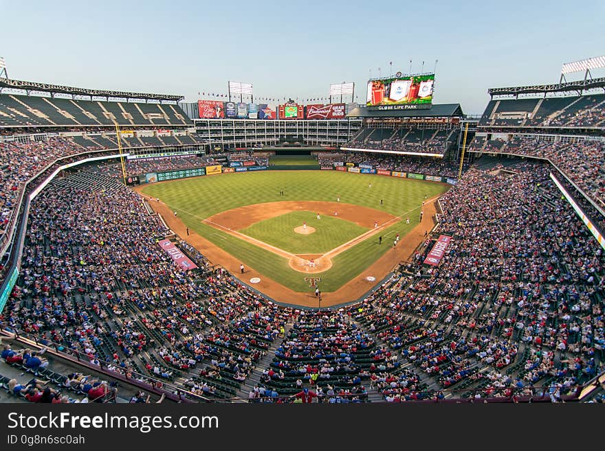 Baseball game in the Globe Life Park in Arlington, a baseball park in Arlington, Texas.