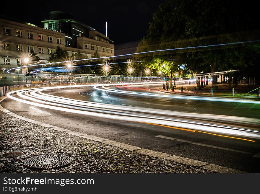 City traffic at night with light trails. City traffic at night with light trails.