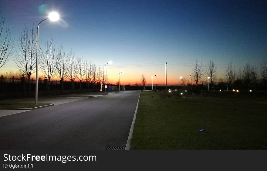 A street with lampposts at sunset. A street with lampposts at sunset.