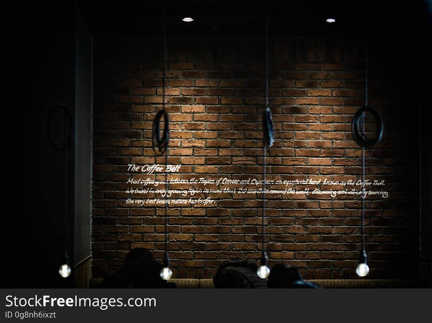 An interior brick wall and hanging lights in the foreground.