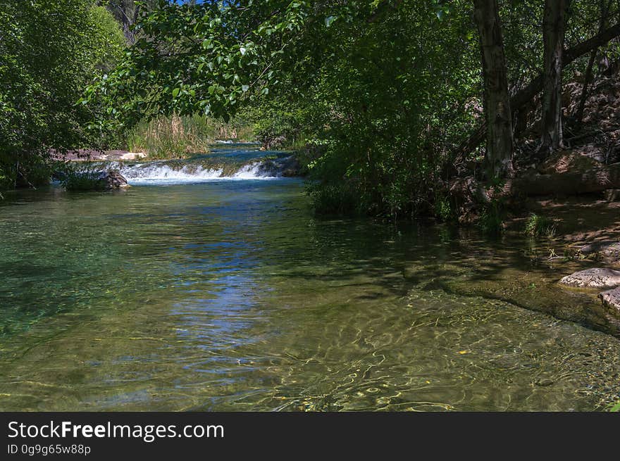 A large, natural waterfall on Fossil Creek is the destination of an easy, one mile hike on Waterfall Trail. A large, deep pool at the base of the fall is a popular swimming hole. Fossil Creek produces 20,000 gallons of water a minute from a series of springs at the bottom of a 1,600 foot deep canyon. This permanent water source has created a stunningly beautiful, green riparian zone rich with flora and fauna at the bottom of this arid canyon in Arizona&#x27;s high desert. Travertine deposits encase whatever happens to fall into the streambed, forming the fossils for which the area is named. These deposits create deep pools along the length of the creek, providing opportunities to find more secluded swimming holes than the popular pool at the waterfall. Fossil Creek is one of two &quot;Wild and Scenic&quot; rivers in Arizona. This designation was achieved when the Irving power plant was decommissioned, and removal of flume and dam on the creek allowed the creek to flow free. Increasing popularity has led to the Coconino and Tonto National Forests to implement a parking permit reservation system in 2016. Reserved parking permits allow visitors to have a parking spot available in their chosen parking lot. Many visitors drive two or three hours to get to the creek. The final descent to the creek at the bottom of a canyon is on an extremely rough, rocky jeep road. In prior years, the area would often be closed to entry when it reached capacity, and potential visitors would be turned away after the long, difficult drive. Photo by Deborah Lee Soltesz, May 4, 2016. For trail and recreation information, see Fossil Creek, Fossil Springs Wilderness, and the Coconino National Forest. A large, natural waterfall on Fossil Creek is the destination of an easy, one mile hike on Waterfall Trail. A large, deep pool at the base of the fall is a popular swimming hole. Fossil Creek produces 20,000 gallons of water a minute from a series of springs at the bottom of a 1,600 foot deep canyon. This permanent water source has created a stunningly beautiful, green riparian zone rich with flora and fauna at the bottom of this arid canyon in Arizona&#x27;s high desert. Travertine deposits encase whatever happens to fall into the streambed, forming the fossils for which the area is named. These deposits create deep pools along the length of the creek, providing opportunities to find more secluded swimming holes than the popular pool at the waterfall. Fossil Creek is one of two &quot;Wild and Scenic&quot; rivers in Arizona. This designation was achieved when the Irving power plant was decommissioned, and removal of flume and dam on the creek allowed the creek to flow free. Increasing popularity has led to the Coconino and Tonto National Forests to implement a parking permit reservation system in 2016. Reserved parking permits allow visitors to have a parking spot available in their chosen parking lot. Many visitors drive two or three hours to get to the creek. The final descent to the creek at the bottom of a canyon is on an extremely rough, rocky jeep road. In prior years, the area would often be closed to entry when it reached capacity, and potential visitors would be turned away after the long, difficult drive. Photo by Deborah Lee Soltesz, May 4, 2016. For trail and recreation information, see Fossil Creek, Fossil Springs Wilderness, and the Coconino National Forest.