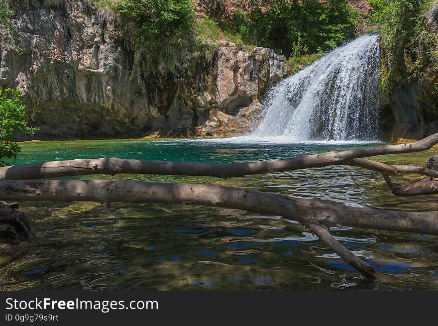 A large, natural waterfall on Fossil Creek is the destination of an easy, one mile hike on Waterfall Trail. A large, deep pool at the base of the fall is a popular swimming hole. Fossil Creek produces 20,000 gallons of water a minute from a series of springs at the bottom of a 1,600 foot deep canyon. This permanent water source has created a stunningly beautiful, green riparian zone rich with flora and fauna at the bottom of this arid canyon in Arizona&#x27;s high desert. Travertine deposits encase whatever happens to fall into the streambed, forming the fossils for which the area is named. These deposits create deep pools along the length of the creek, providing opportunities to find more secluded swimming holes than the popular pool at the waterfall. Fossil Creek is one of two &quot;Wild and Scenic&quot; rivers in Arizona. This designation was achieved when the Irving power plant was decommissioned, and removal of flume and dam on the creek allowed the creek to flow free. Increasing popularity has led to the Coconino and Tonto National Forests to implement a parking permit reservation system in 2016. Reserved parking permits allow visitors to have a parking spot available in their chosen parking lot. Many visitors drive two or three hours to get to the creek. The final descent to the creek at the bottom of a canyon is on an extremely rough, rocky jeep road. In prior years, the area would often be closed to entry when it reached capacity, and potential visitors would be turned away after the long, difficult drive. Photo by Deborah Lee Soltesz, May 4, 2016. For trail and recreation information, see Fossil Creek, Fossil Springs Wilderness, and the Coconino National Forest. A large, natural waterfall on Fossil Creek is the destination of an easy, one mile hike on Waterfall Trail. A large, deep pool at the base of the fall is a popular swimming hole. Fossil Creek produces 20,000 gallons of water a minute from a series of springs at the bottom of a 1,600 foot deep canyon. This permanent water source has created a stunningly beautiful, green riparian zone rich with flora and fauna at the bottom of this arid canyon in Arizona&#x27;s high desert. Travertine deposits encase whatever happens to fall into the streambed, forming the fossils for which the area is named. These deposits create deep pools along the length of the creek, providing opportunities to find more secluded swimming holes than the popular pool at the waterfall. Fossil Creek is one of two &quot;Wild and Scenic&quot; rivers in Arizona. This designation was achieved when the Irving power plant was decommissioned, and removal of flume and dam on the creek allowed the creek to flow free. Increasing popularity has led to the Coconino and Tonto National Forests to implement a parking permit reservation system in 2016. Reserved parking permits allow visitors to have a parking spot available in their chosen parking lot. Many visitors drive two or three hours to get to the creek. The final descent to the creek at the bottom of a canyon is on an extremely rough, rocky jeep road. In prior years, the area would often be closed to entry when it reached capacity, and potential visitors would be turned away after the long, difficult drive. Photo by Deborah Lee Soltesz, May 4, 2016. For trail and recreation information, see Fossil Creek, Fossil Springs Wilderness, and the Coconino National Forest.