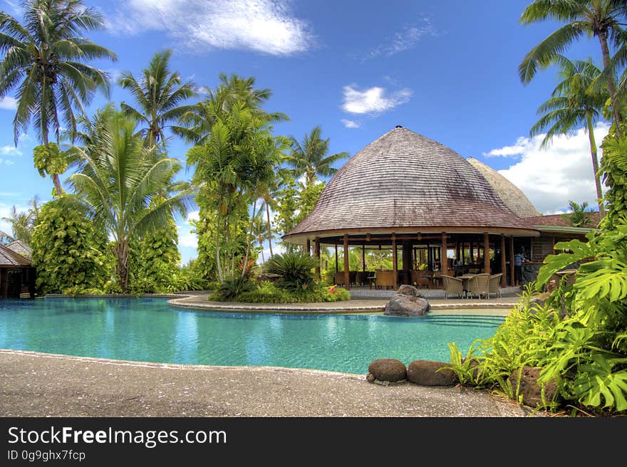 Scenic view of tropical hotel swimming pool with palm trees, summer scene.