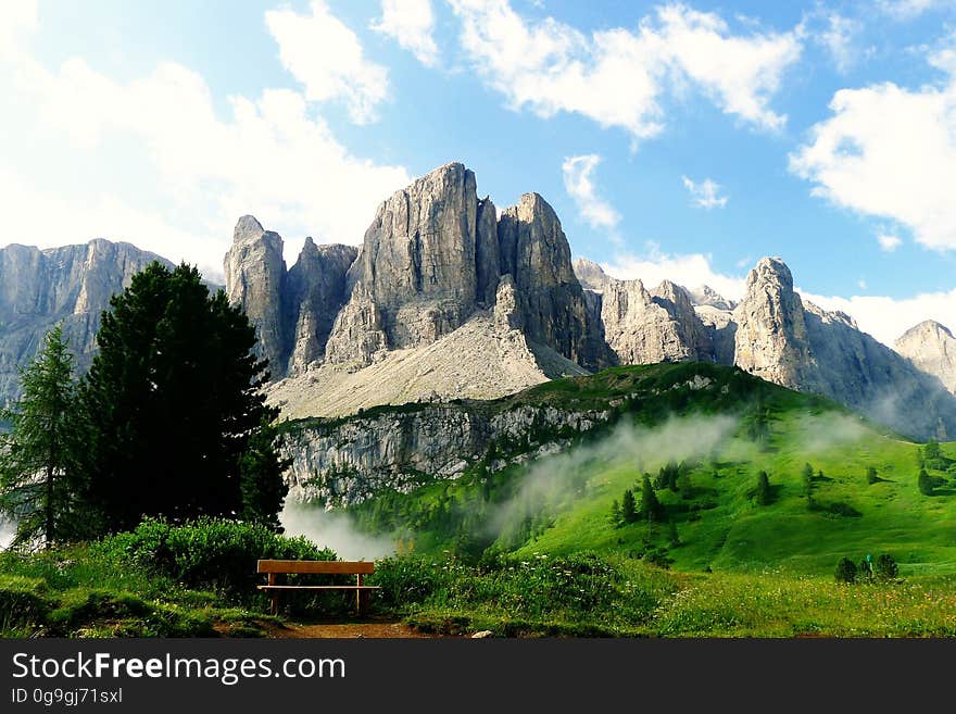 A view of the Sella group massif in the Dolomites mountains of northern Italy.