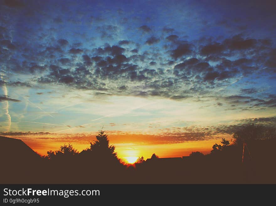 Scenic view of dramatic orange countryside sunset with silhouetted trees.