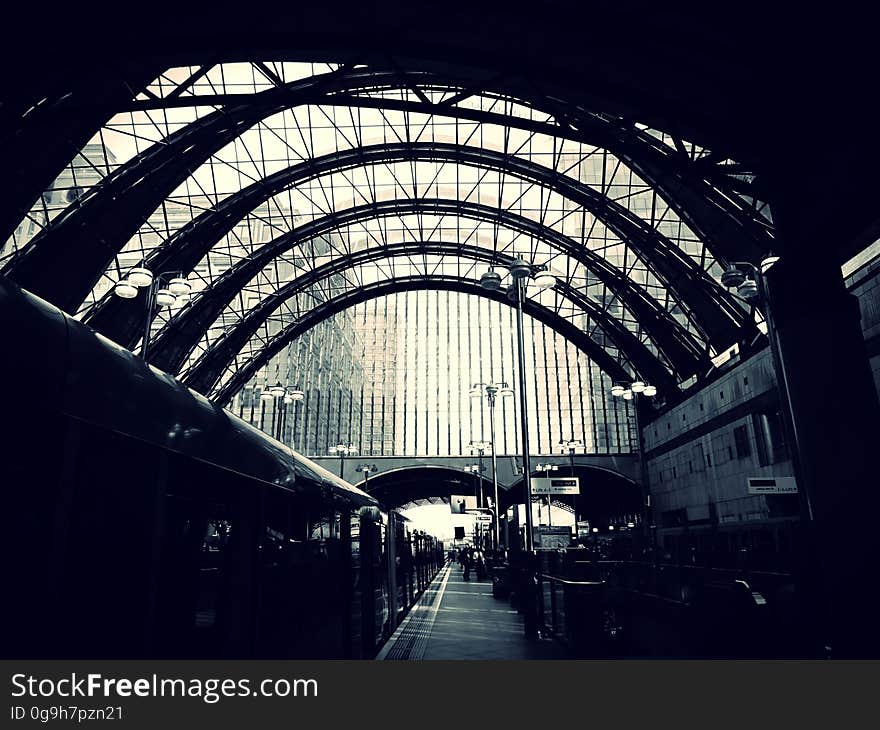 A view inside of a train station with arched glass ceiling.