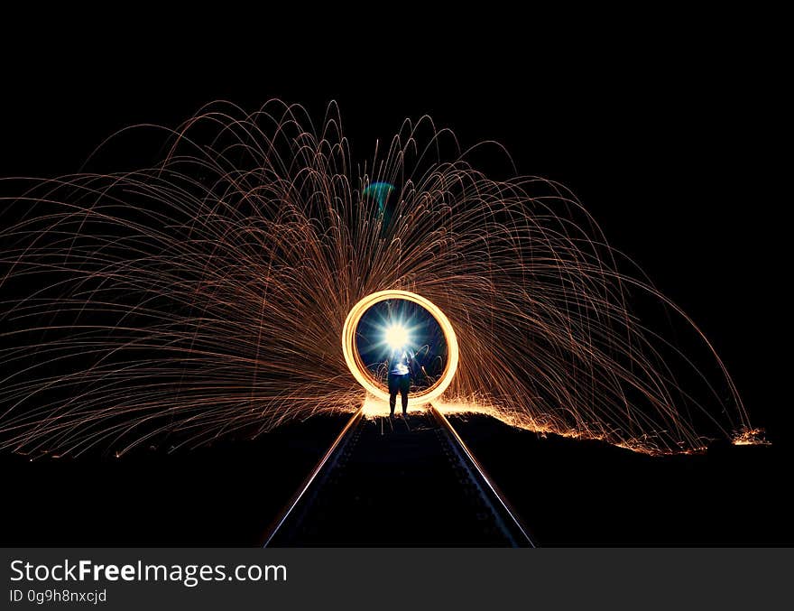 A long exposure of burning steel wool spun around at night. A long exposure of burning steel wool spun around at night.