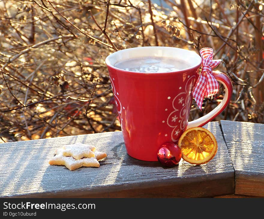 A cup of cocoa and biscuits on a railing on a cold winter day.