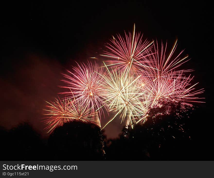 Red and yellow fireworks on the night sky. Red and yellow fireworks on the night sky.