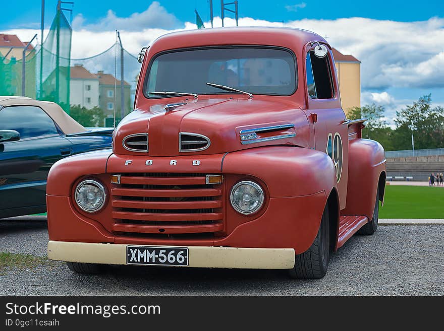 Front view of classic Ford truck in carp park.