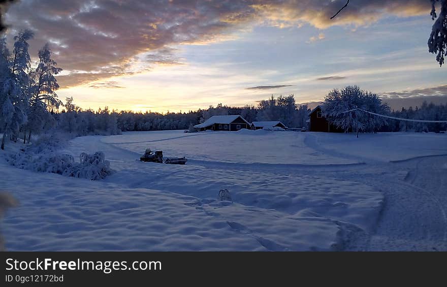 Snowy acreage on a cold winter day.