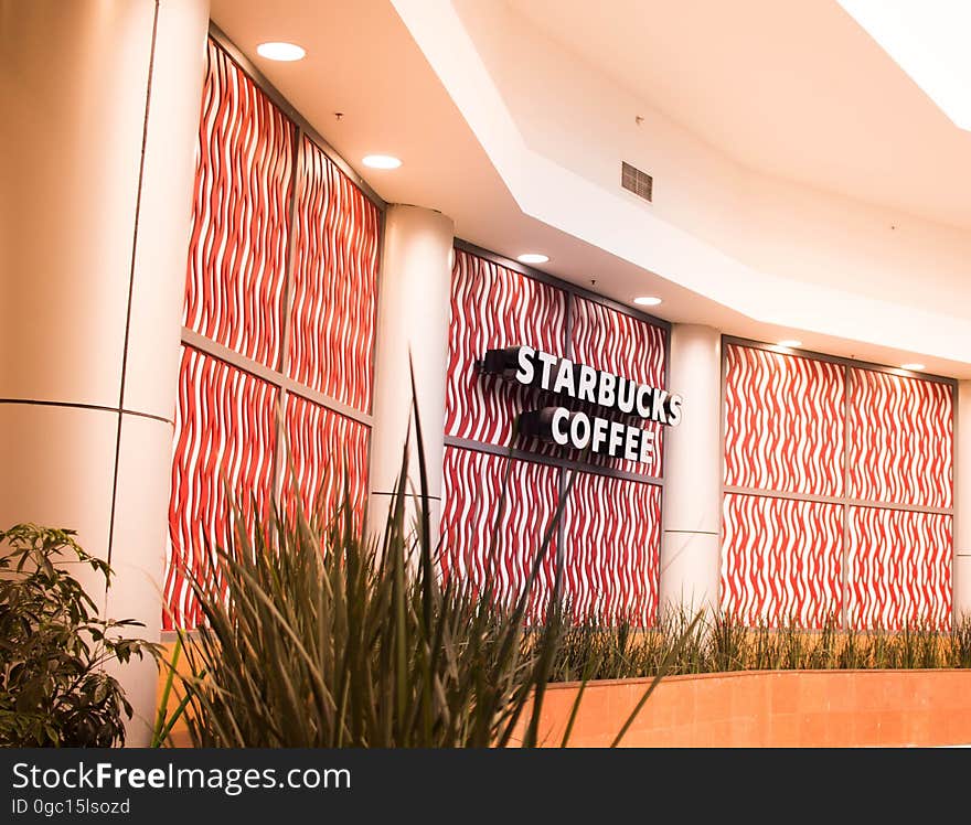 Signage for Starbucks Coffee on colorful interior wall. Signage for Starbucks Coffee on colorful interior wall.