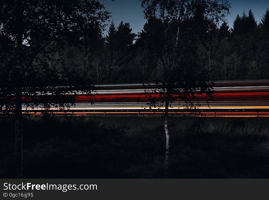 Blurry streaks of light from cars on highway through trees at night. Blurry streaks of light from cars on highway through trees at night.