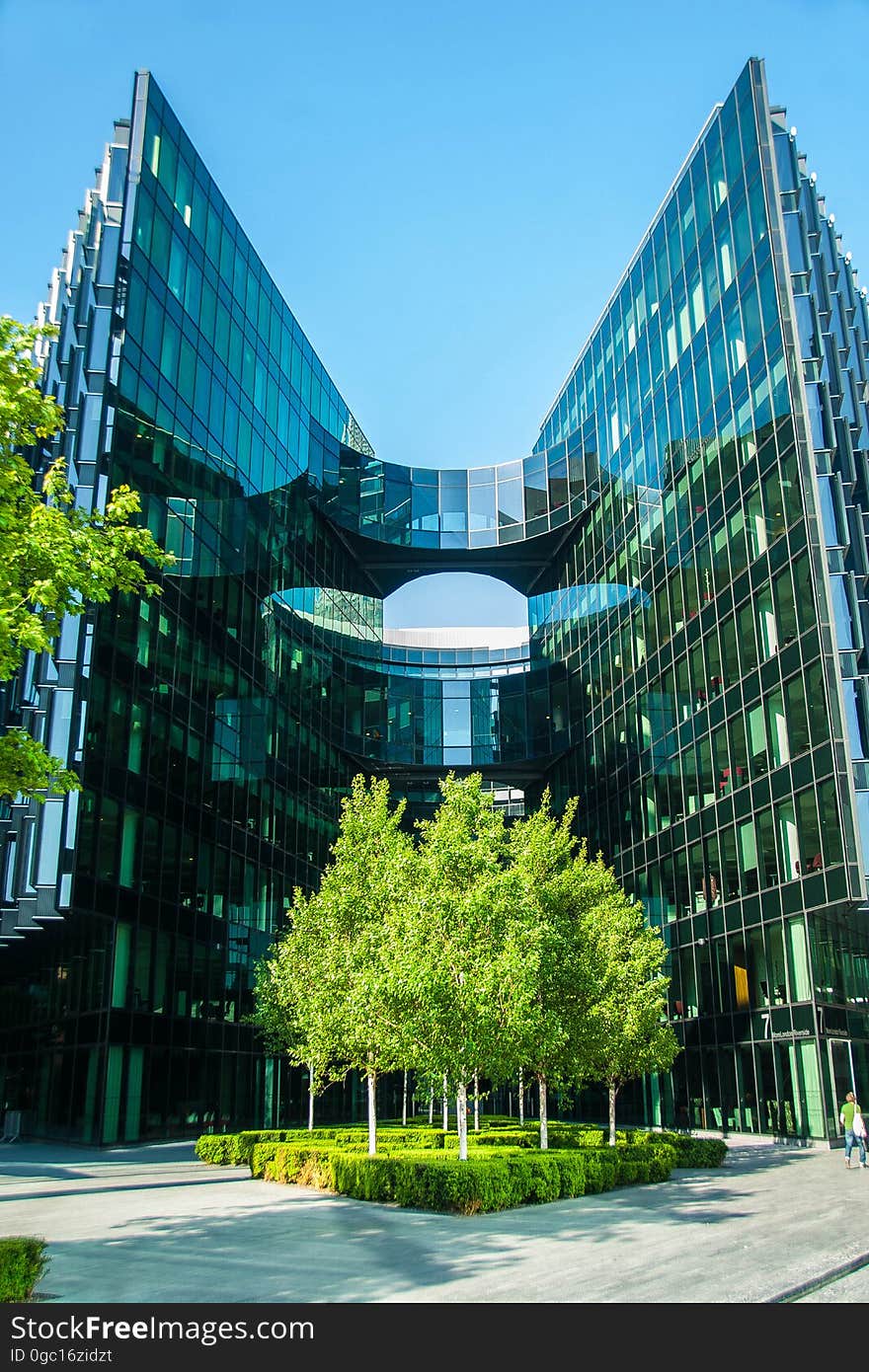 Exterior of glass modern building with trees and sidewalk. Exterior of glass modern building with trees and sidewalk.