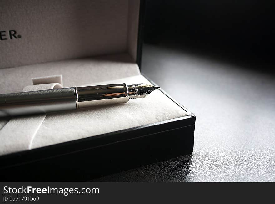 Close up of metal fountain pen in box.