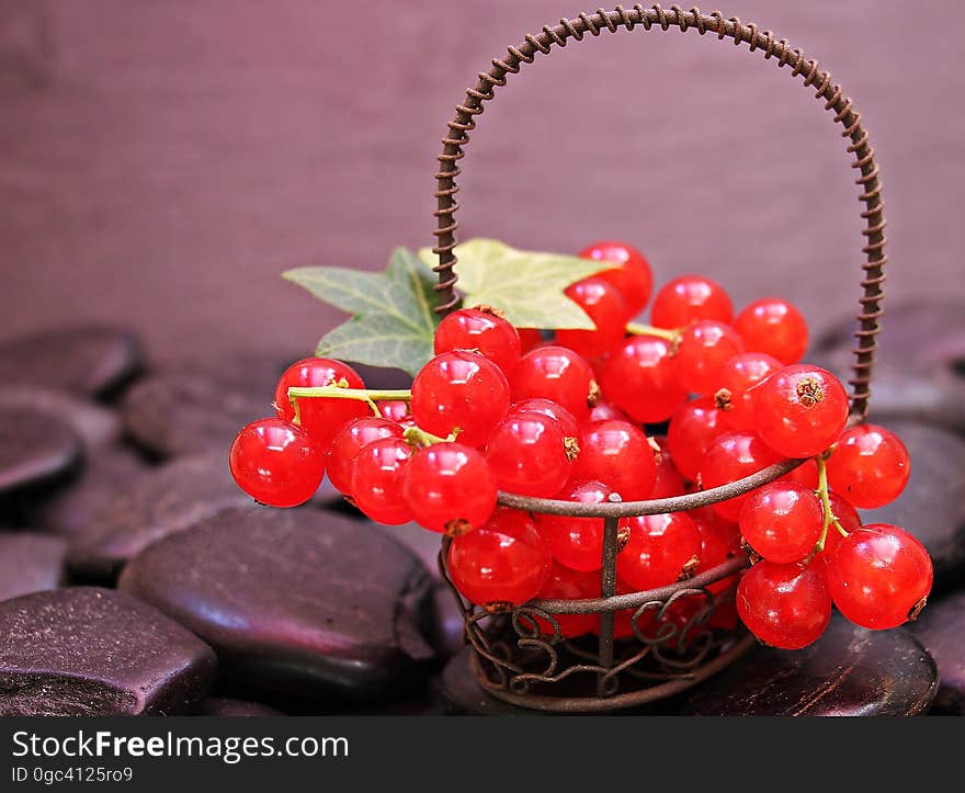 Red currant berries in a small metal basket. Red currant berries in a small metal basket.