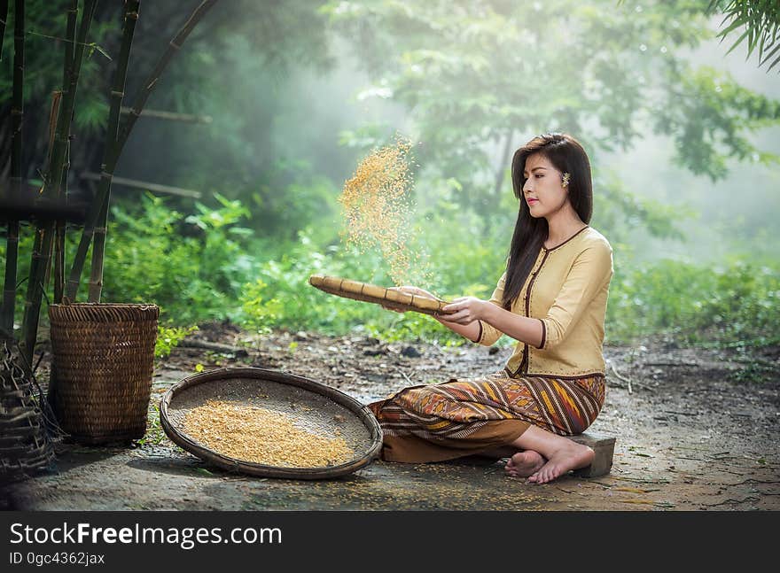 Portrait of Asian woman using bamboo trays to sift grains in jungle. Portrait of Asian woman using bamboo trays to sift grains in jungle.