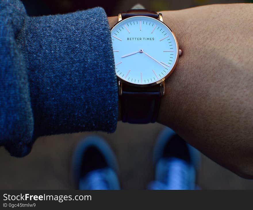 Close up of man's arm with Better Times wristwatch.