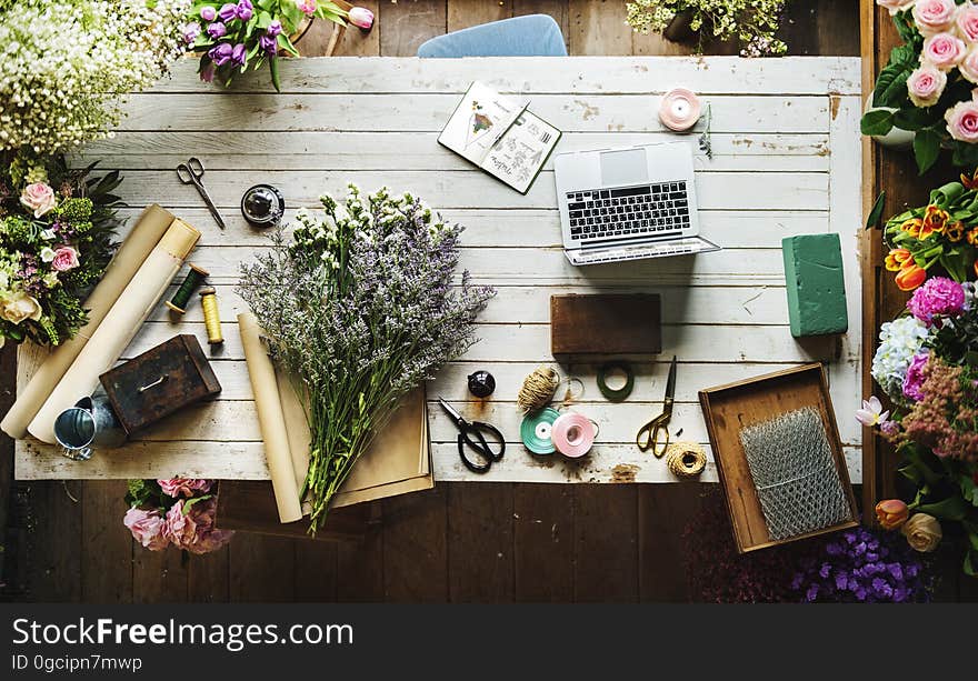 Aerial view of a florists workspace.