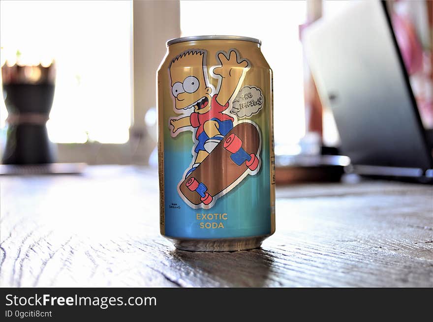 Closeup of a pop can with Bart Simpson on it. Closeup of a pop can with Bart Simpson on it.