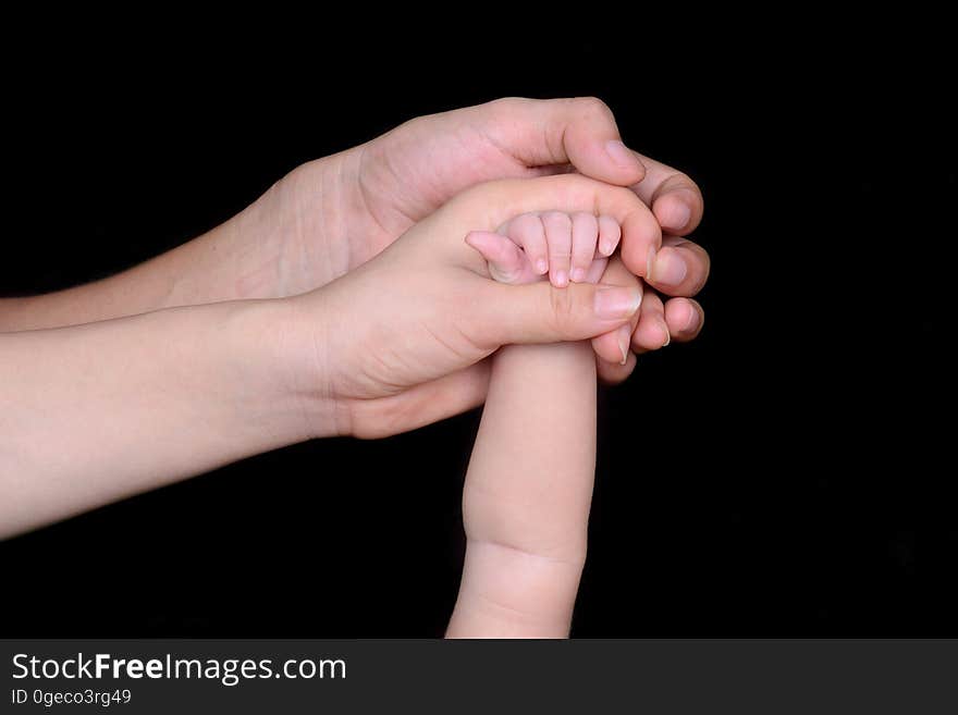 The hands of the father and the mother holding the hand of the child. The hands of the father and the mother holding the hand of the child.