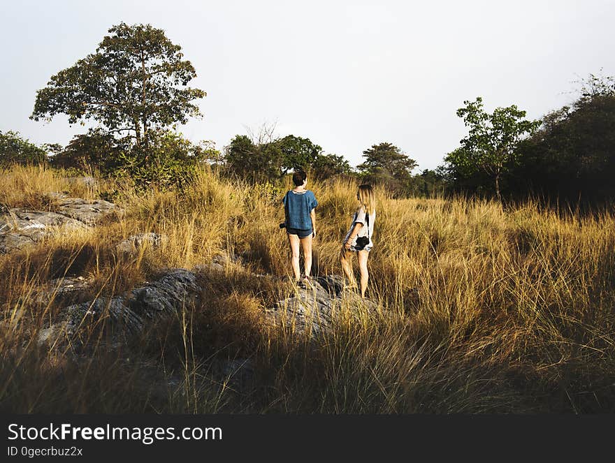 Women taking a break while hiking through grasslands. Women taking a break while hiking through grasslands.