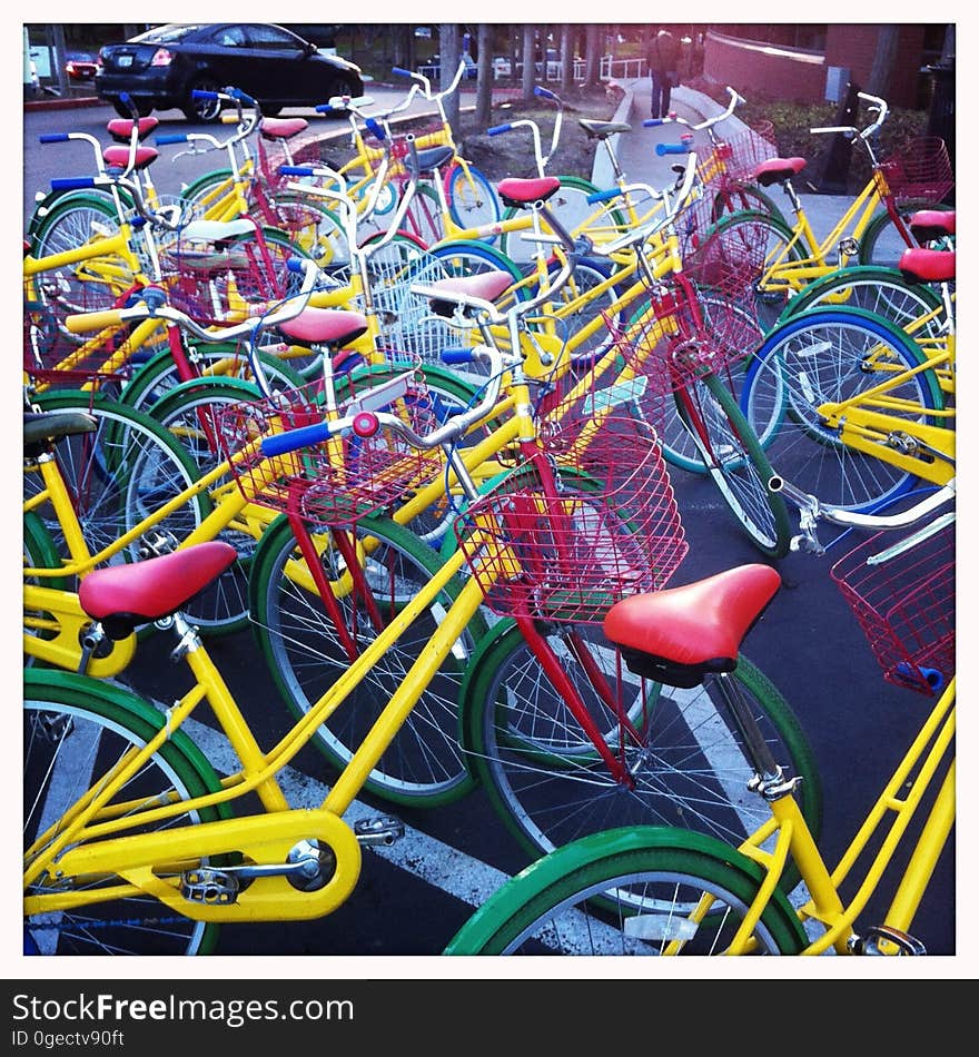 Rows of brightly coloured bicycles.