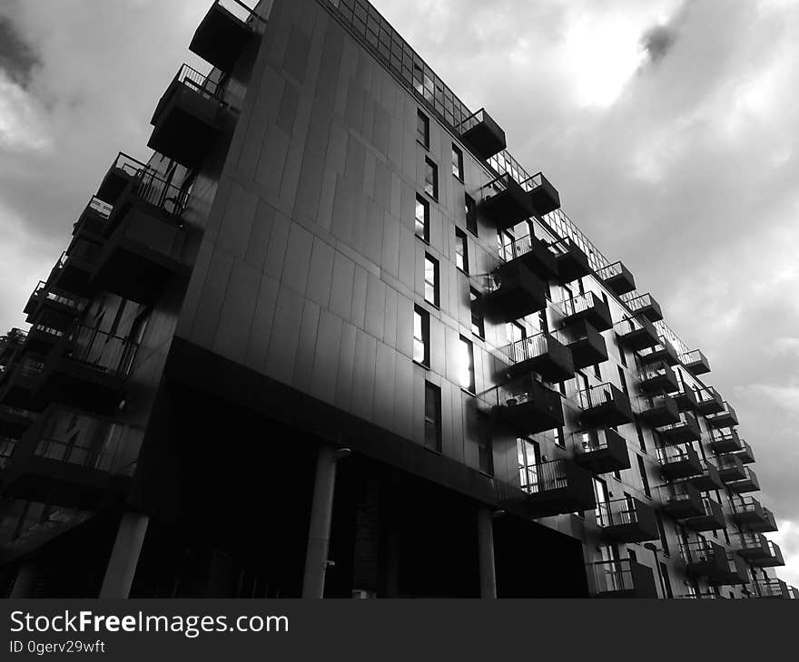 Black and white of an apartment exterior. Black and white of an apartment exterior.