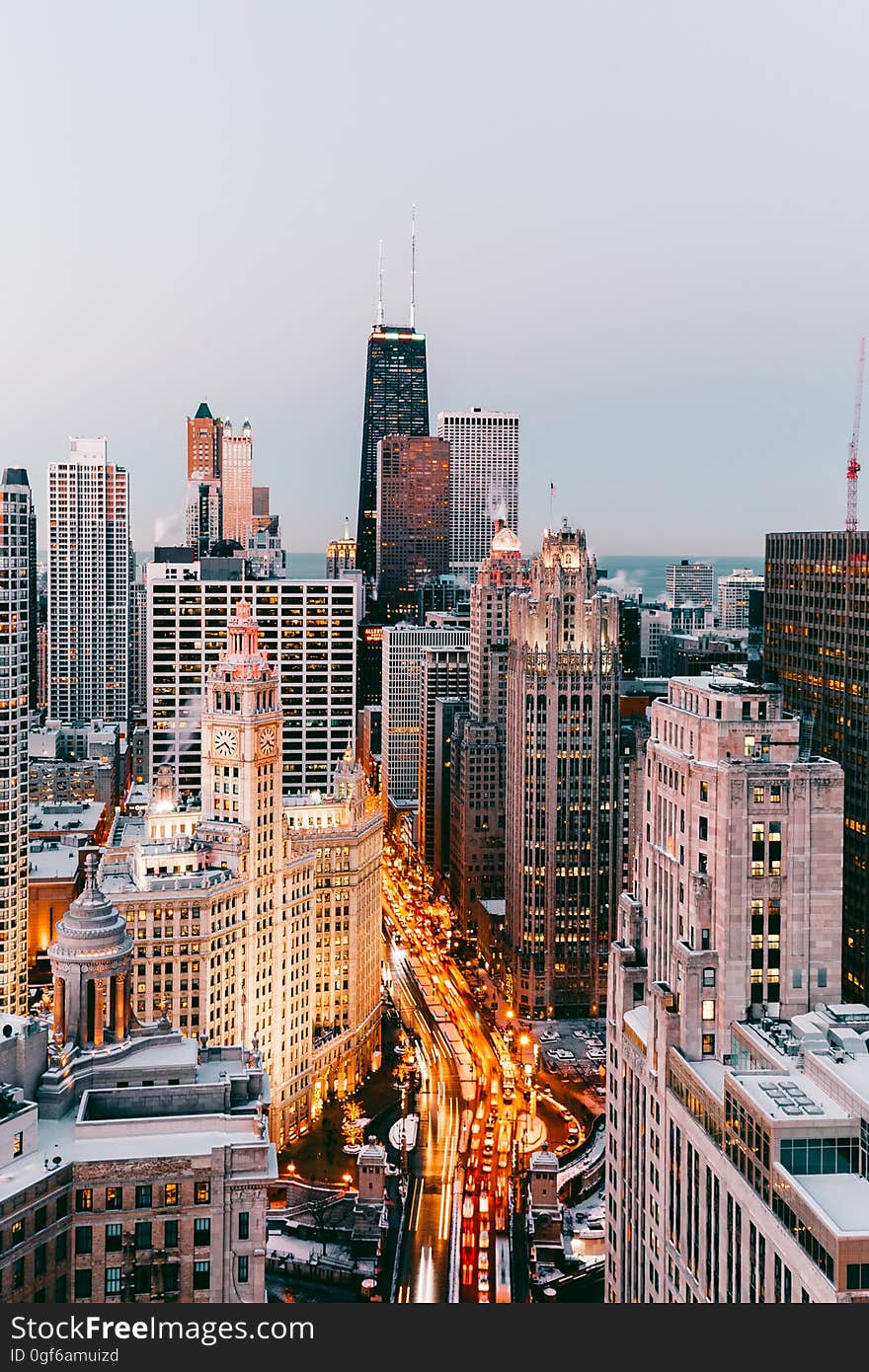 A downtown cityscape with heavy traffic.