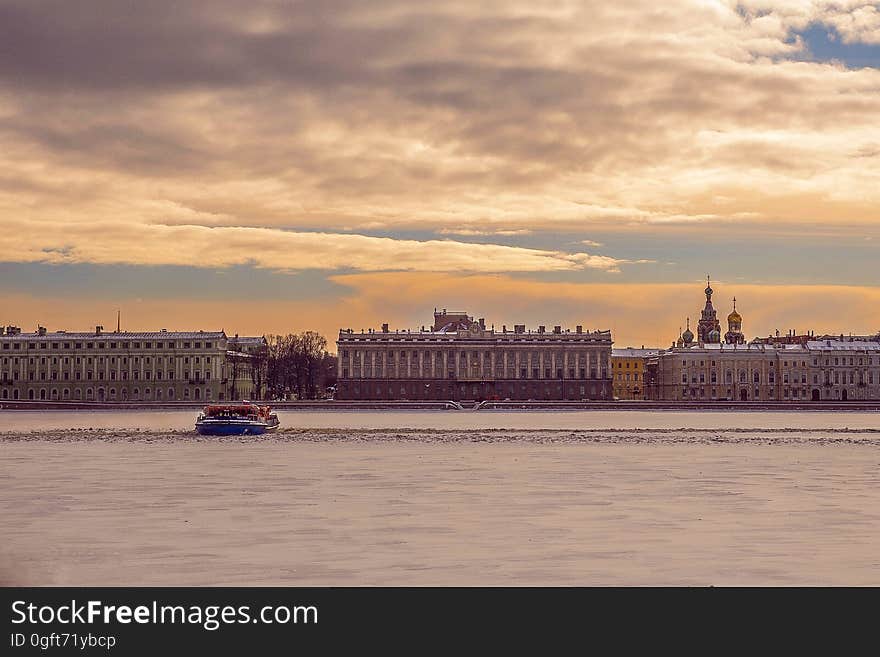 Saint Petersburg and the Neva River at sunset.