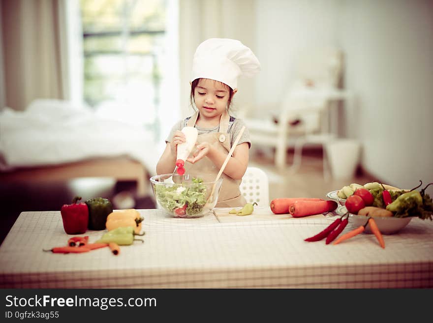 Little Girl Cooking Preparation Salad