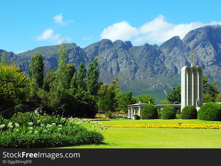 Gardens and the Huguenot Monument in Franschhoek, Western Cape, South Africa.