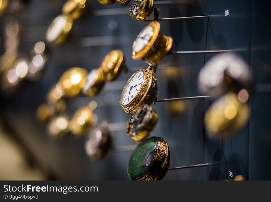 A jewelry and watch display in a shop. A jewelry and watch display in a shop.