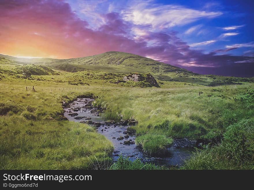 Scenic view of hilly grasslands.