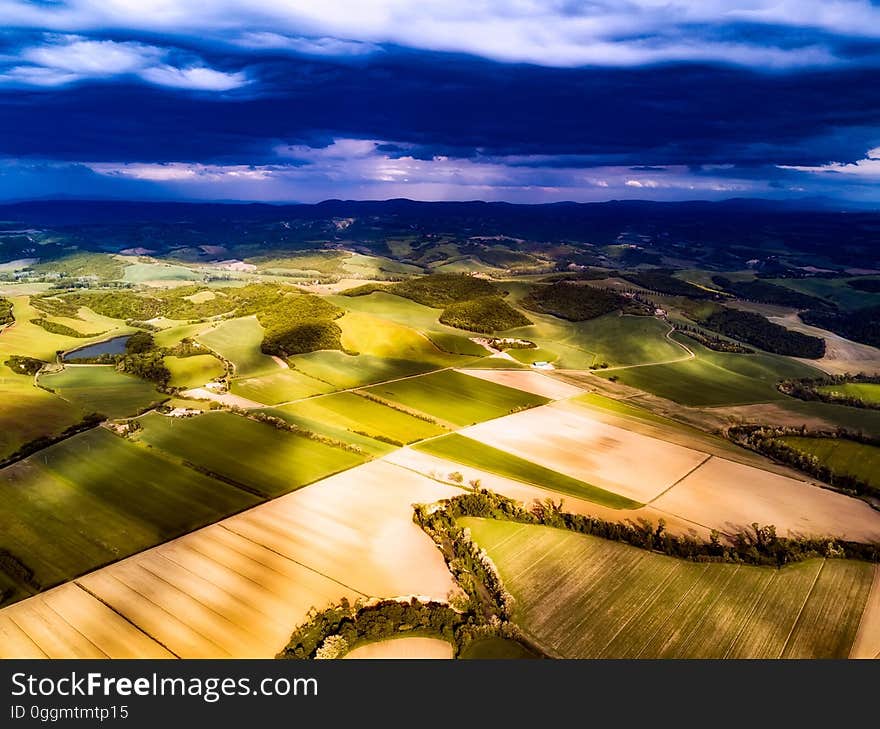 An aerial view of a rural landscape in Italy.