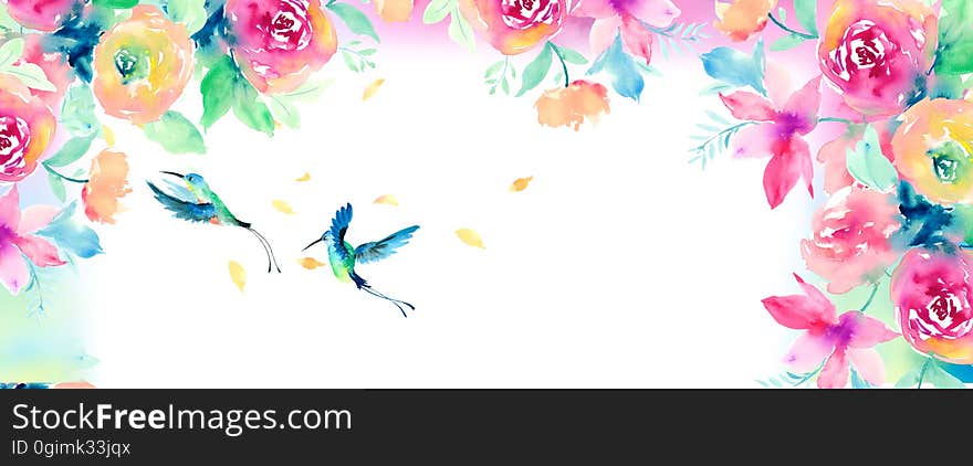 Watercolor sunflower hummingbird background