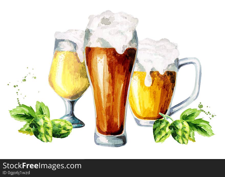 Beer, hops, malt set. Watercolor