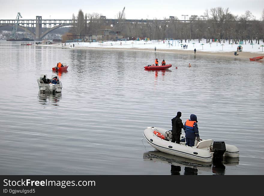 Lifeguards boats on the water in winter