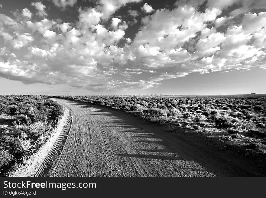 Grayscale Photo of Empty Road Between Grass Field Under Cloudy Sky