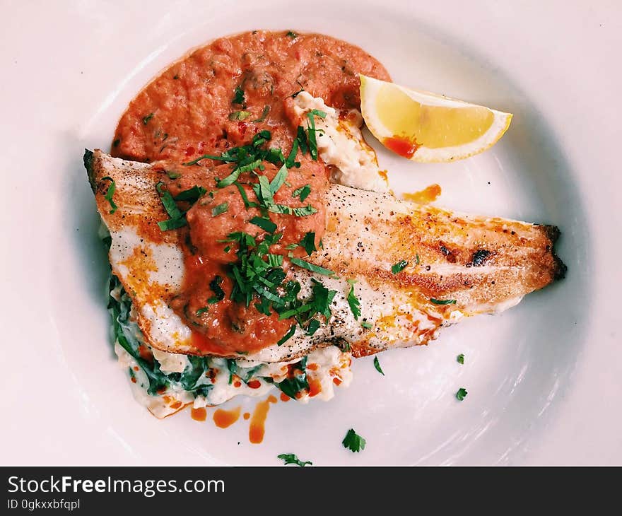 Closeup of a gourmet meal of fish with tomato puree.