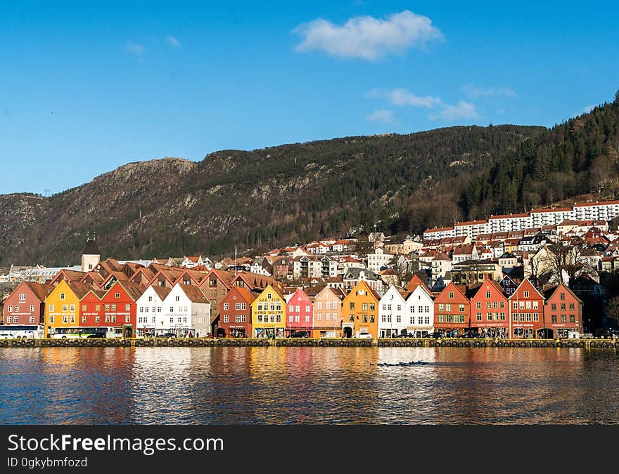 A view from the coast at Bryggen in the city of Bergen in Norway. A view from the coast at Bryggen in the city of Bergen in Norway.