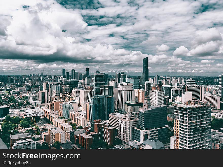 Modern cityscape on a cloudy day.