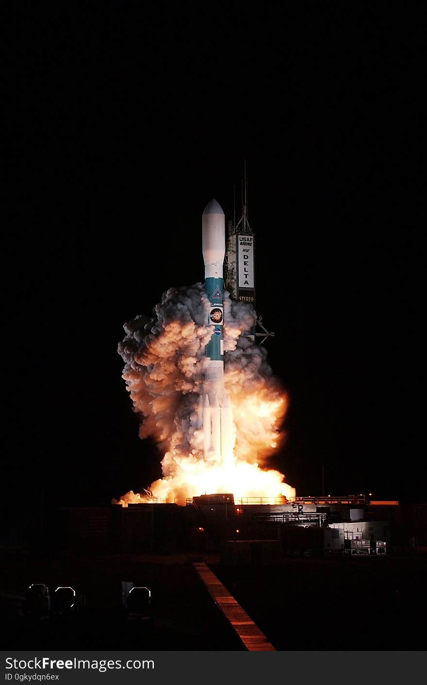 The ignition of a Delta rocket during a launch. The ignition of a Delta rocket during a launch.