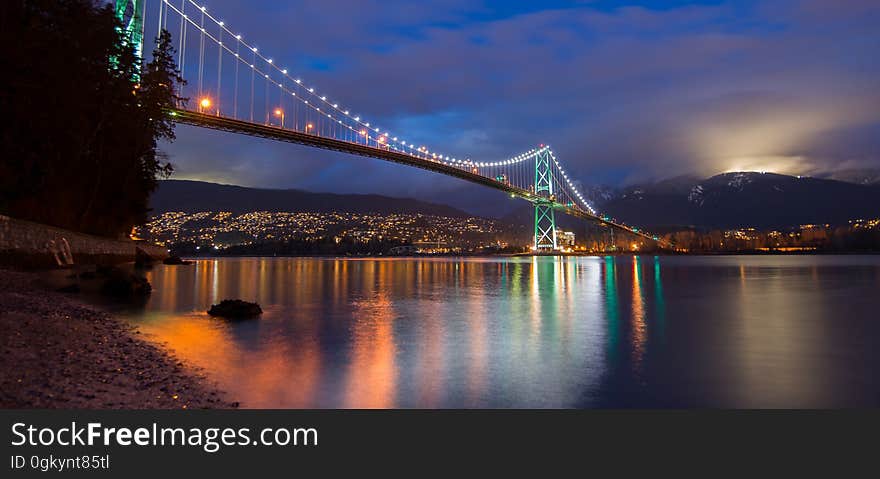 Lions Gate Bridge on the first narrows of Burrard Inlet connecting The City of Vancouver to the North Vancouver, the City of North Vancouver, and West Vancouver.