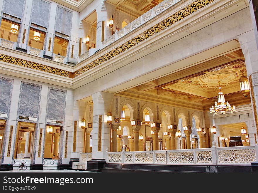 A building with decorative interior and lighting. A building with decorative interior and lighting.