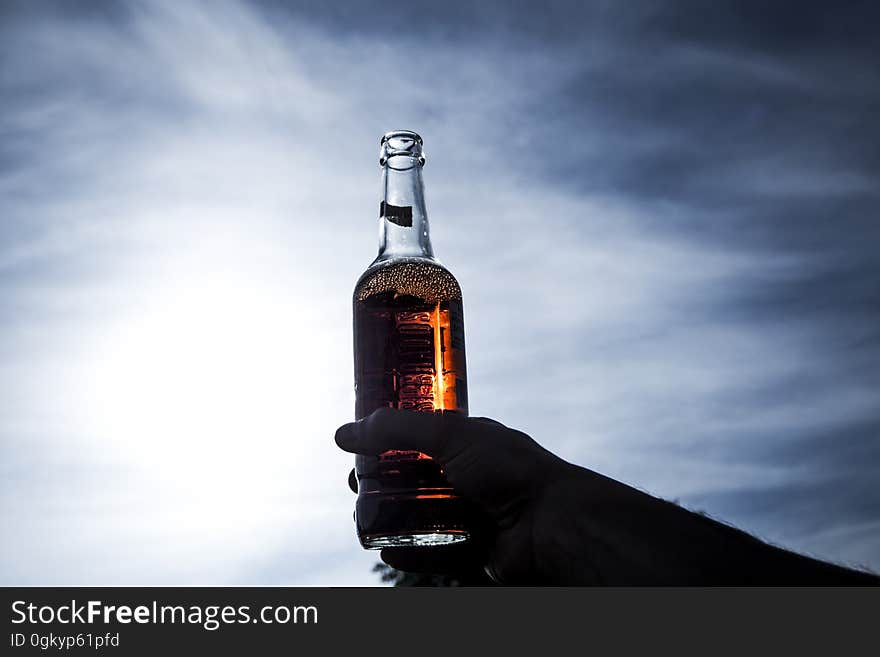 A person holding up a bottle of beverage against the sky. A person holding up a bottle of beverage against the sky.