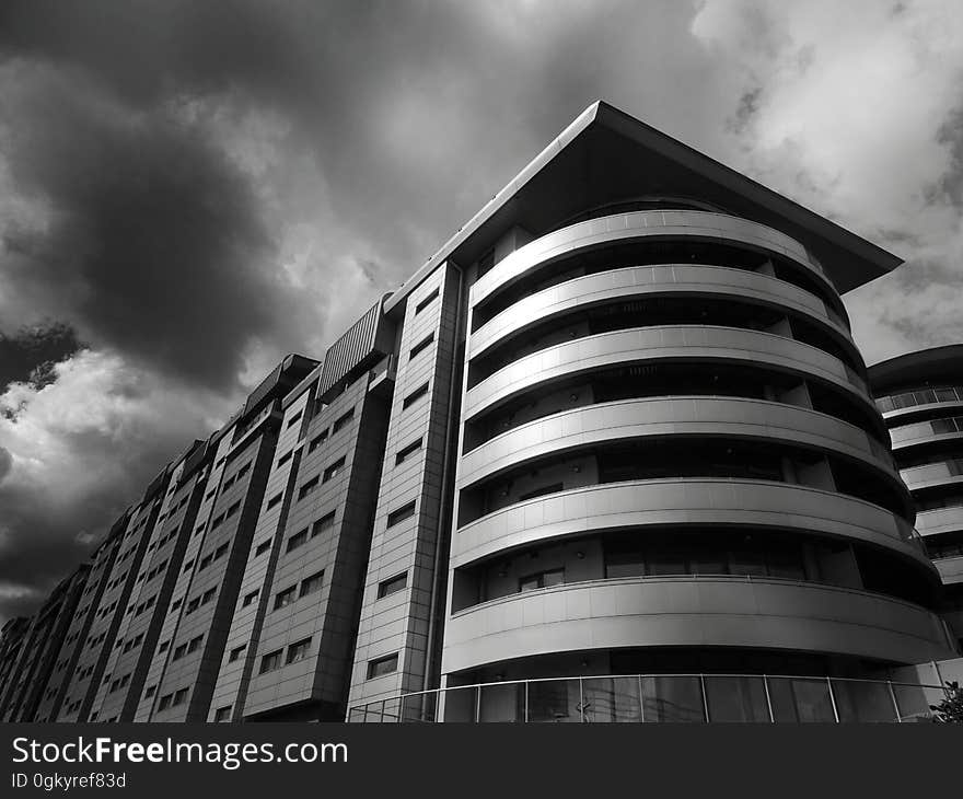 Black and white of modern buildings.