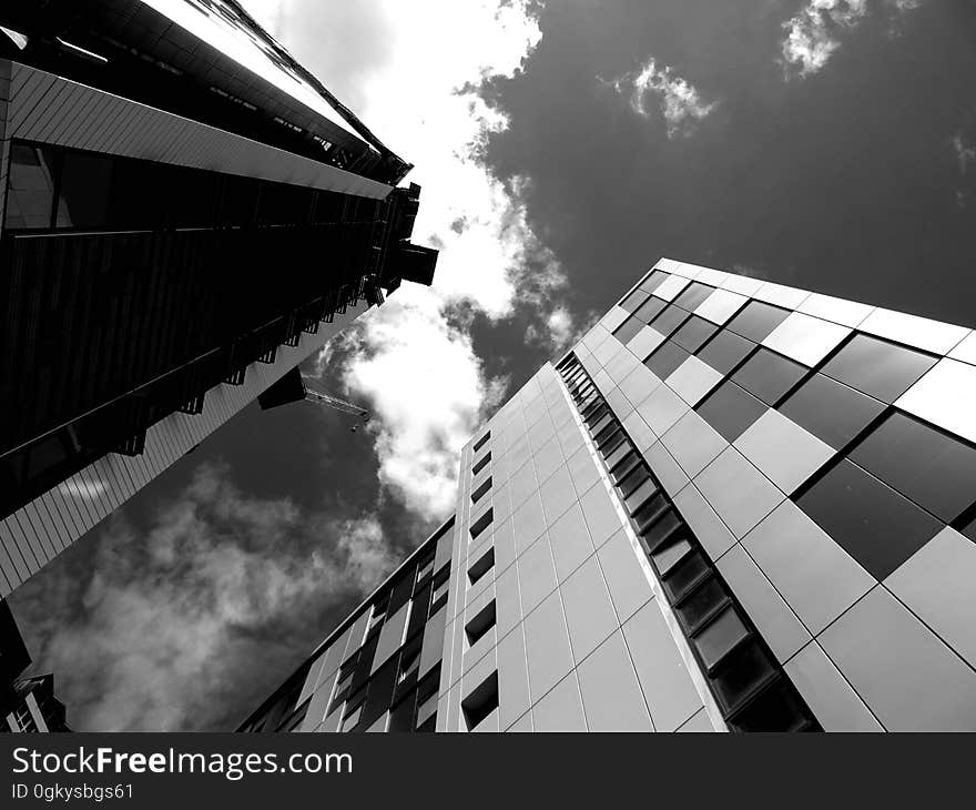 Angled view of modern skyscrapers. Angled view of modern skyscrapers.