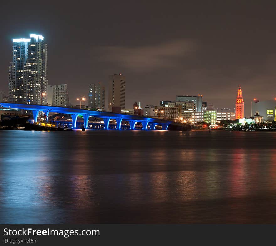 A Miami cityscape at night.