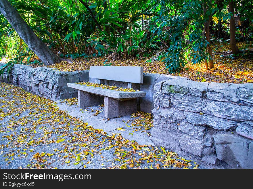 Empty park bench covered with autumn leaves on path next to stone wall in woods. Empty park bench covered with autumn leaves on path next to stone wall in woods.